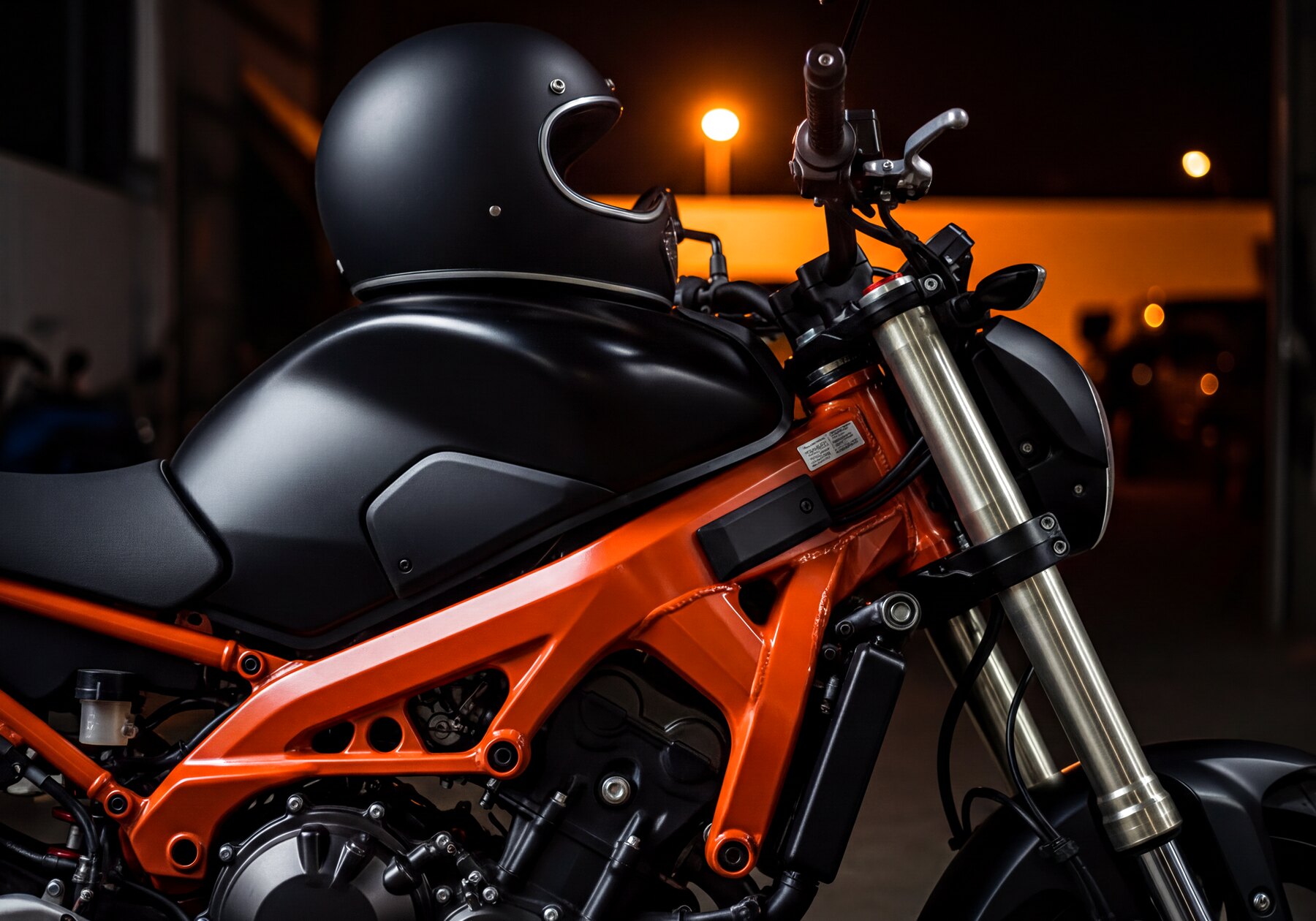 KTM Duke 390 — orange trellis frame and chrome fork at night.